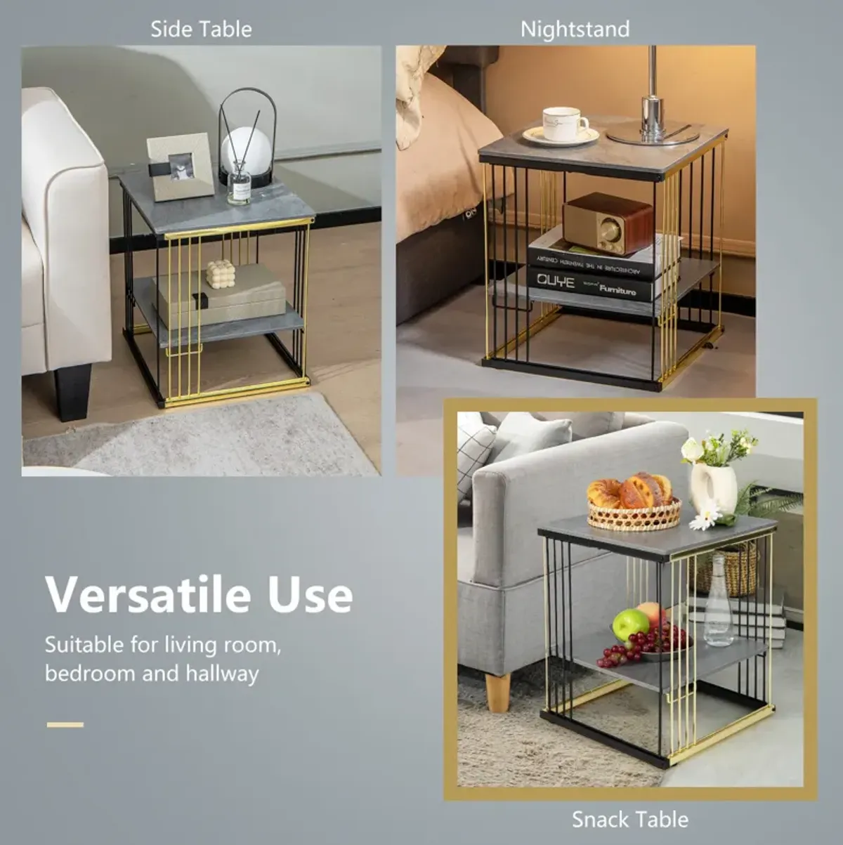 2-Tier Metal Square Side End Table with Removable Shelf-Gray