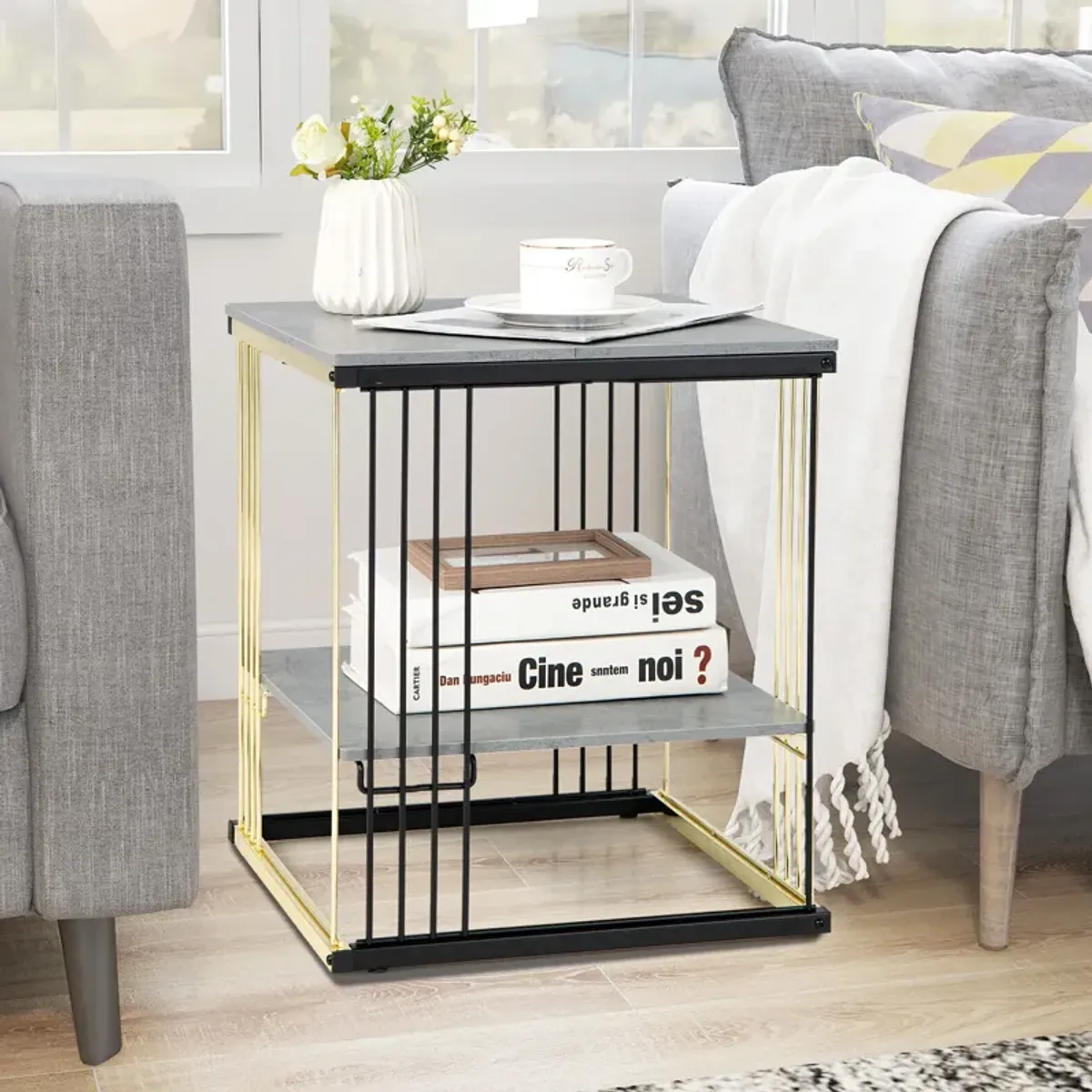 2-Tier Metal Square Side End Table with Removable Shelf-Gray