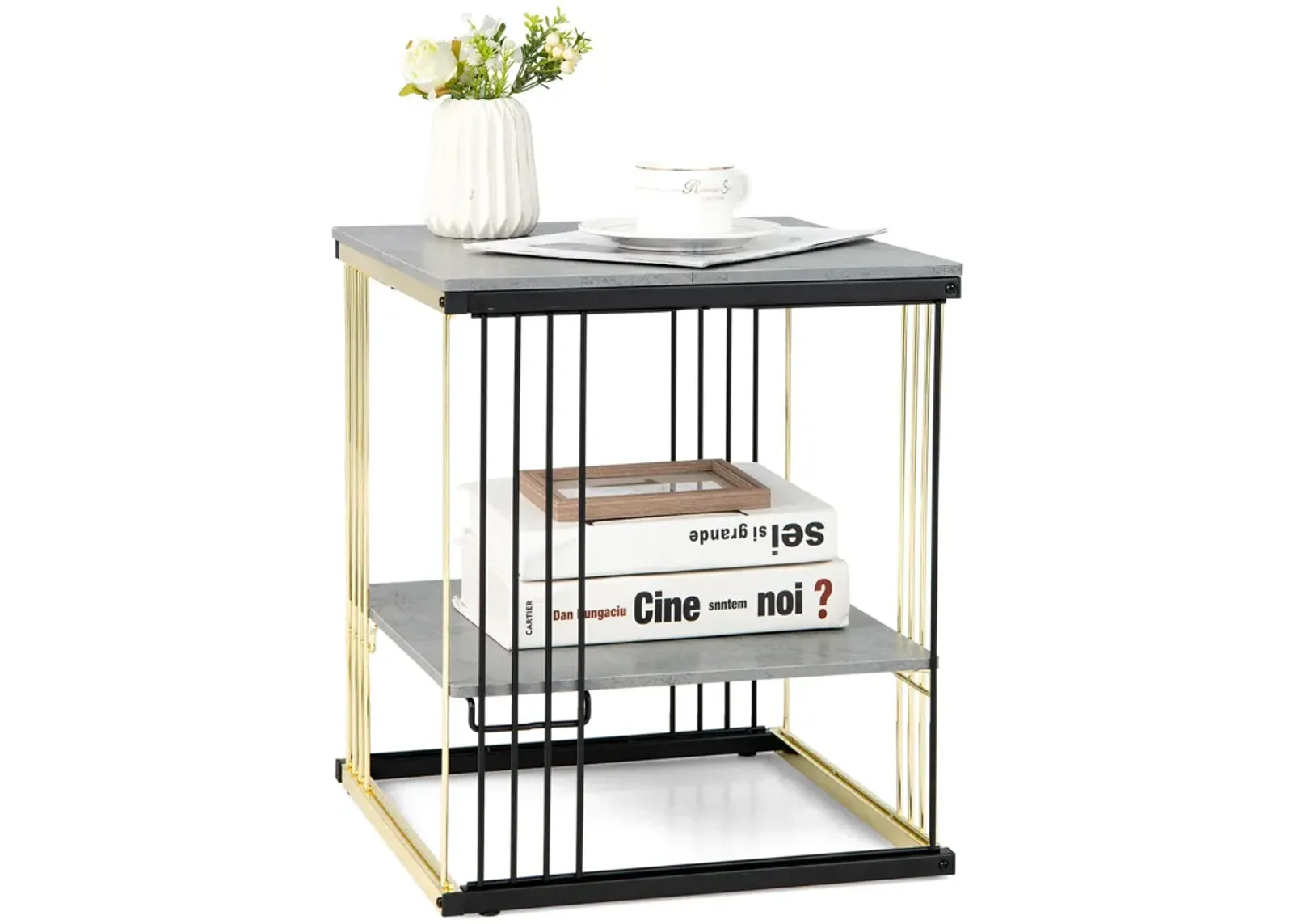 2-Tier Metal Square Side End Table with Removable Shelf-Gray