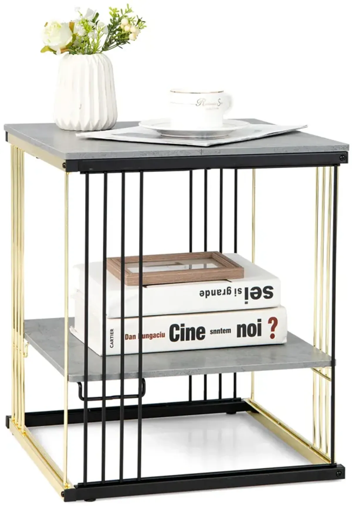 2-Tier Metal Square Side End Table with Removable Shelf-Gray