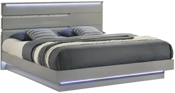 Pery King Size Platform Bed, Glam Gray Gloss Solid Wood, LED Headboard - Benzara