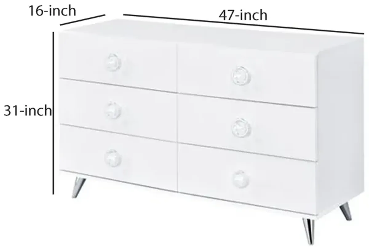 Dresser with 6 Drawers and Angled Metal Feet, White-Benzara