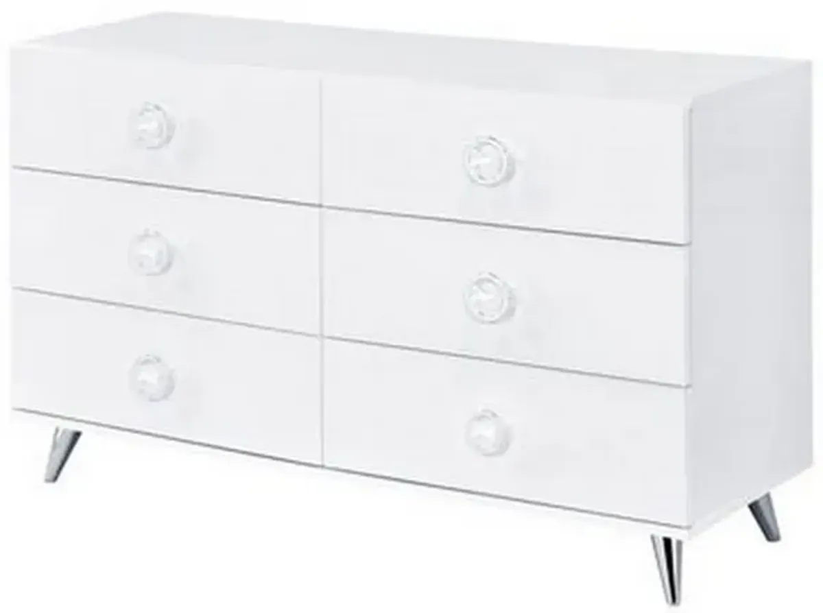 Dresser with 6 Drawers and Angled Metal Feet, White-Benzara