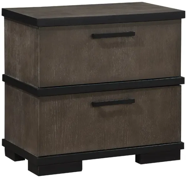 Acy Nightstand, 2 Drawers, Brownish Gray and Black Wood, Bar Handles - Benzara