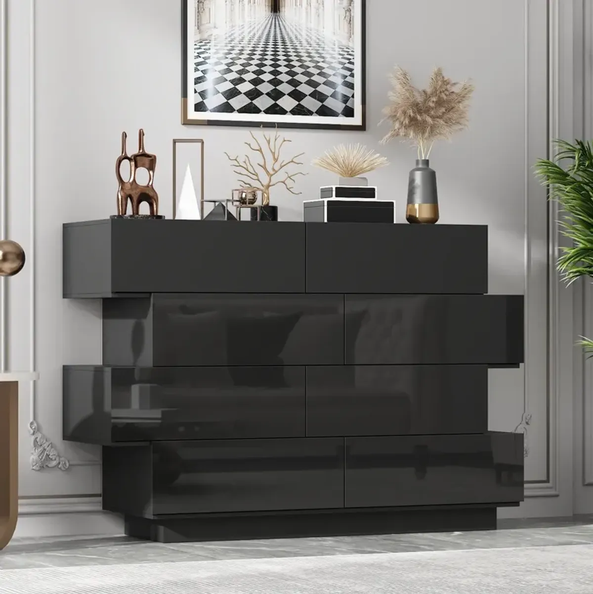 FUFU&GAGA Modern 8-Drawer Dresser with High Gloss Finish, (50.6" W x 16.2" D x 39.2" H),Black