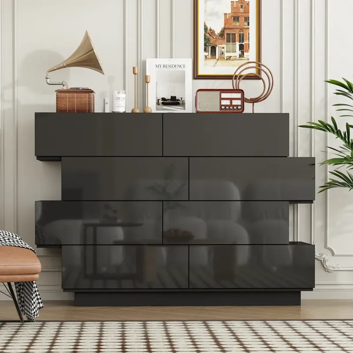 FUFU&GAGA Modern 8-Drawer Dresser with High Gloss Finish, (50.6" W x 16.2" D x 39.2" H),Black