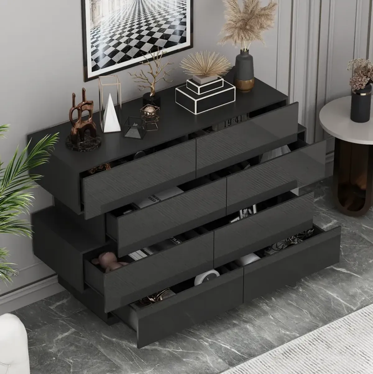 FUFU&GAGA Modern 8-Drawer Dresser with High Gloss Finish, (50.6" W x 16.2" D x 39.2" H),Black