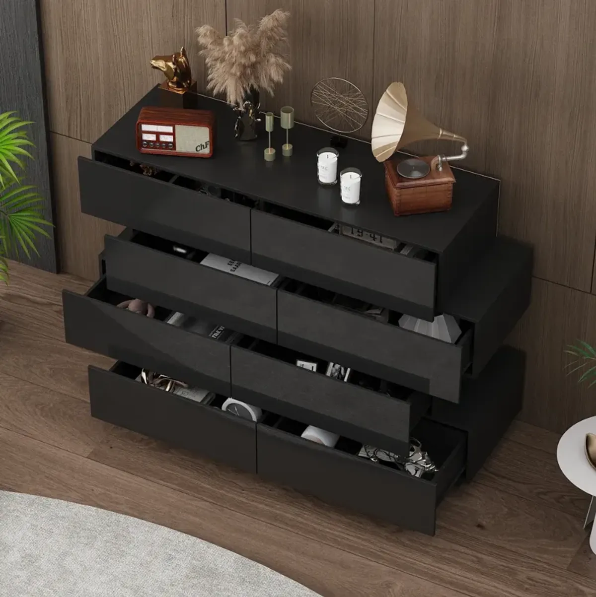 FUFU&GAGA Modern 8-Drawer Dresser with High Gloss Finish, (50.6" W x 16.2" D x 39.2" H),Black