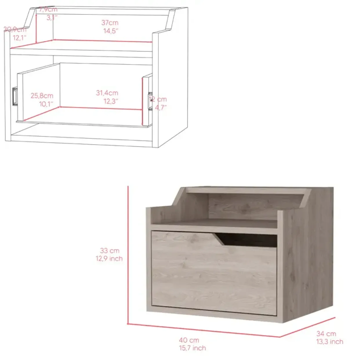 Floating Nightstand Chester, Bedroom, Light Gray