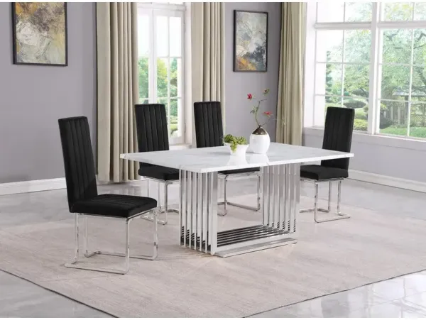 5pc Small(68") marble top dining set with silver base and 4 Black side chairs
