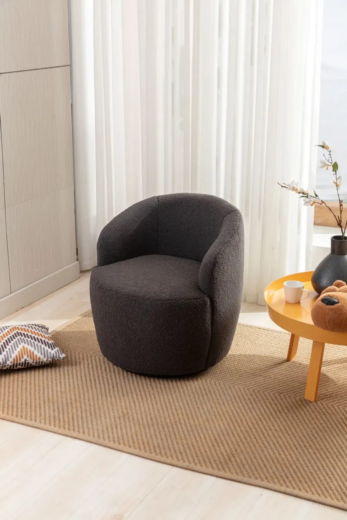 Teddy Fabric Swivel Accent Armchair Barrel Chair With Powder Coating Metal Ring, Dark