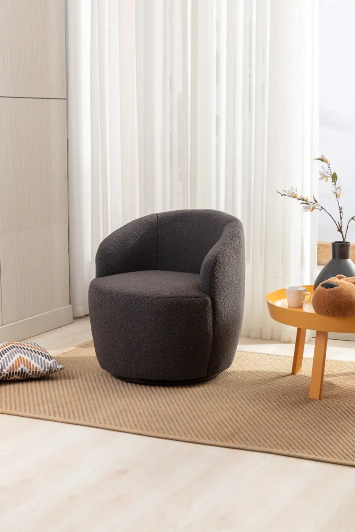 Teddy Fabric Swivel Accent Armchair Barrel Chair With Powder Coating Metal Ring, Dark