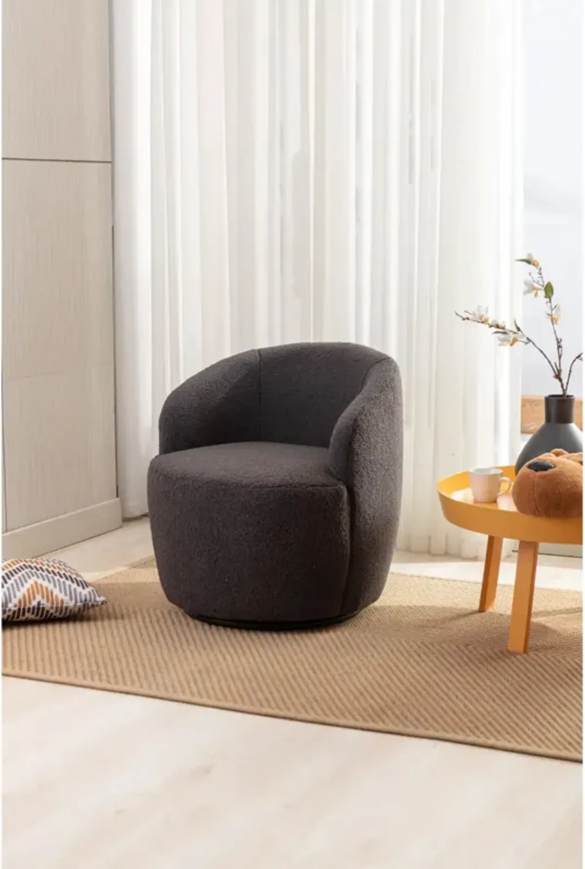 Teddy Fabric Swivel Accent Armchair Barrel Chair With Powder Coating Metal Ring, Dark