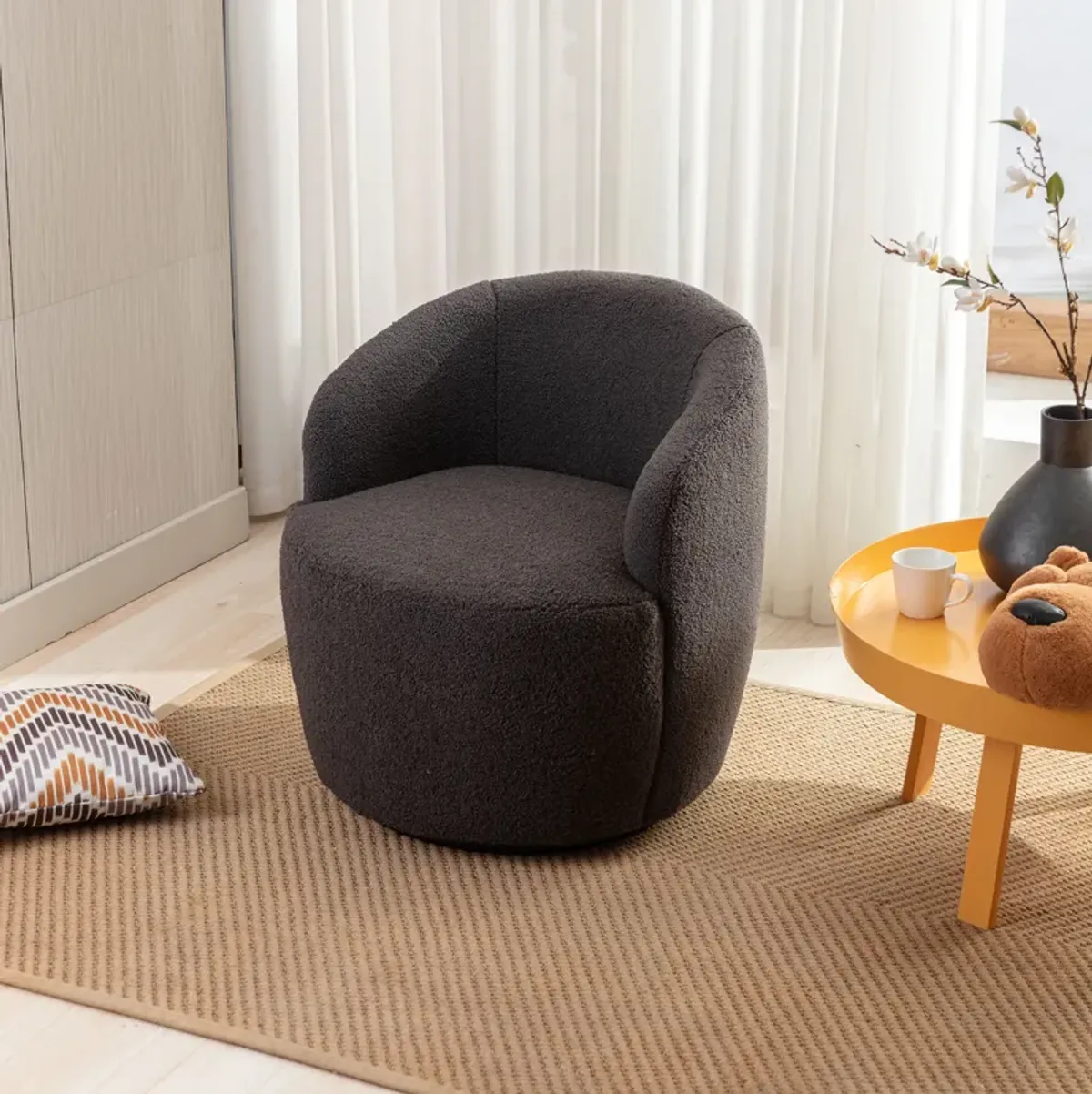 Teddy Fabric Swivel Accent Armchair Barrel Chair With Powder Coating Metal Ring, Dark