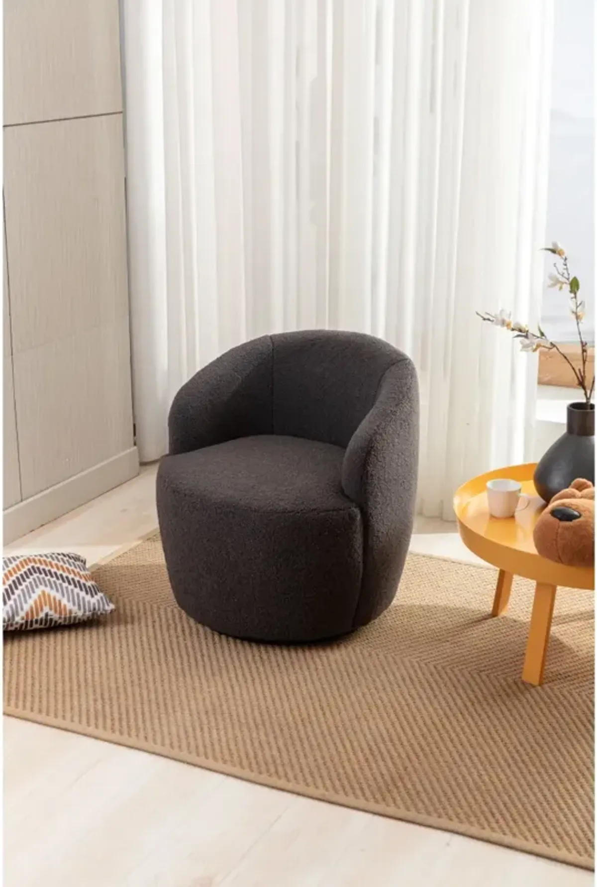 Teddy Fabric Swivel Accent Armchair Barrel Chair With Powder Coating Metal Ring, Dark