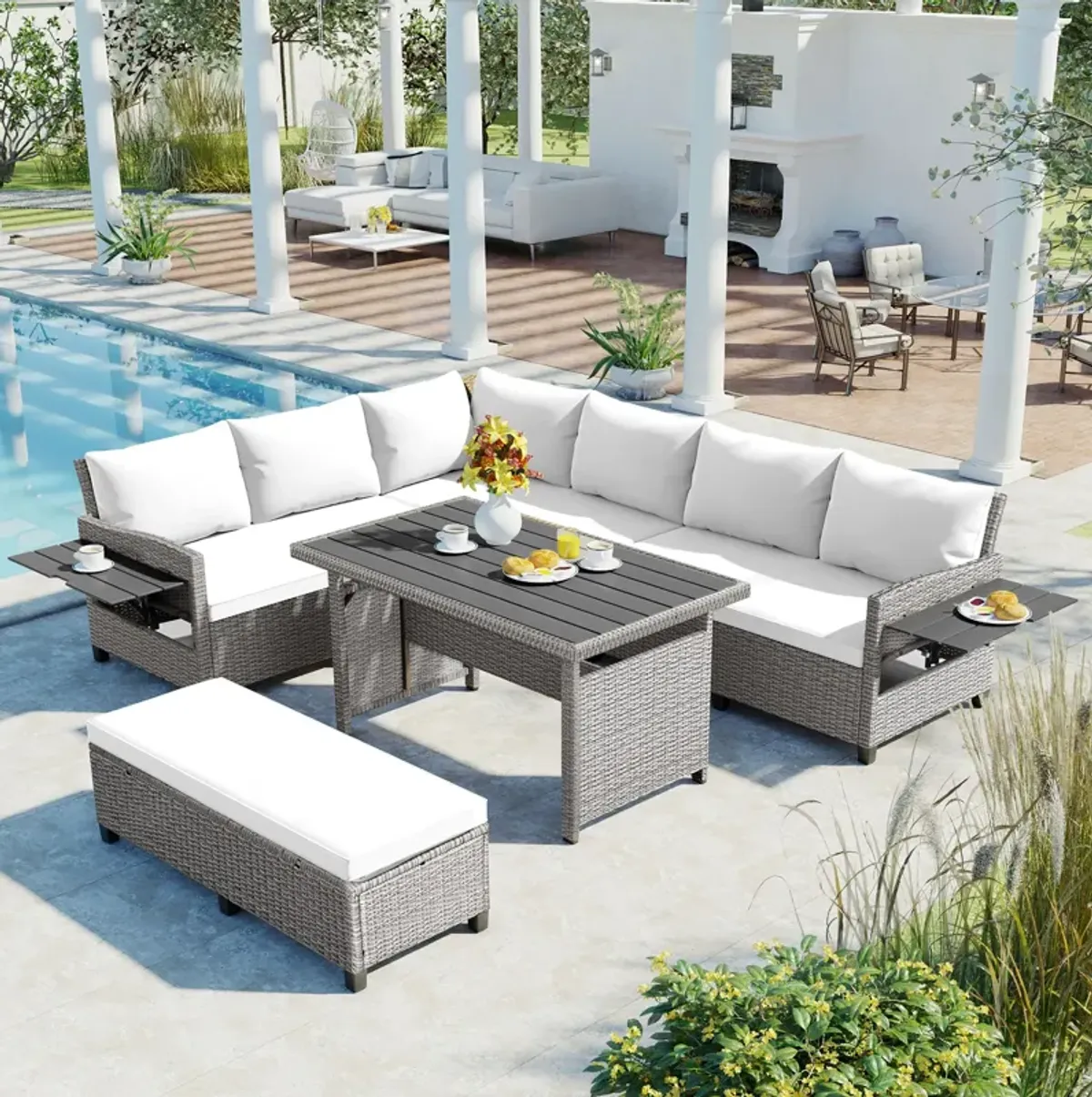 Mondawe Outdoor 5-Piece All-Weather PE Rattan Sofa Set,Garden Patio Sofa With Extendable Tables