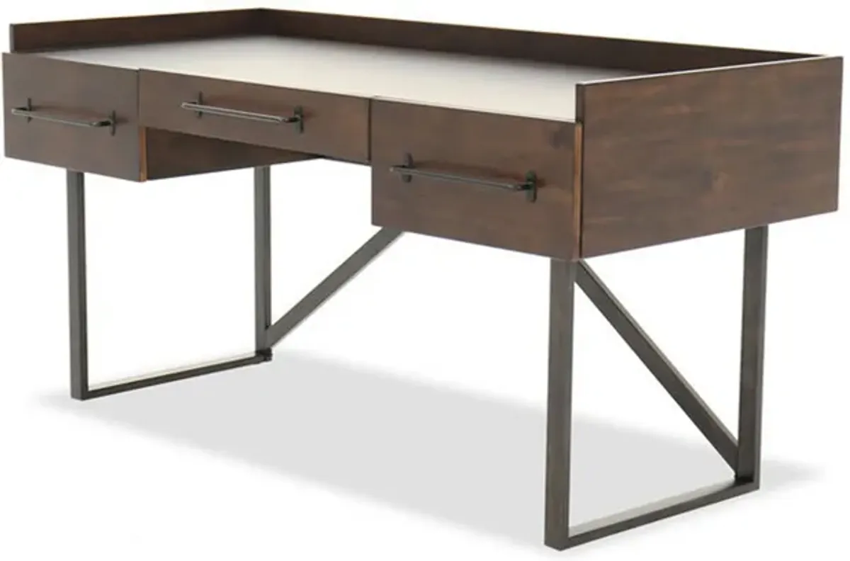 Three Drawers Wooden Desk with Tubular Metal Base and Bar Handles, Brown and Black-Benzara