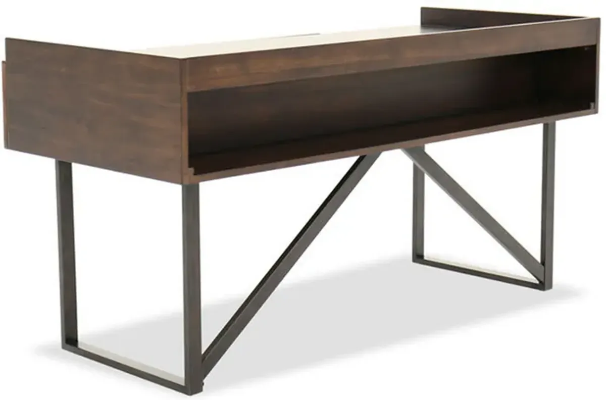 Three Drawers Wooden Desk with Tubular Metal Base and Bar Handles, Brown and Black-Benzara