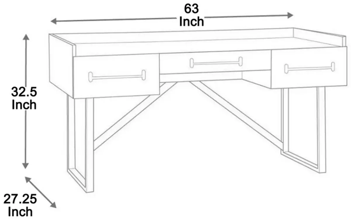 Three Drawers Wooden Desk with Tubular Metal Base and Bar Handles, Brown and Black-Benzara