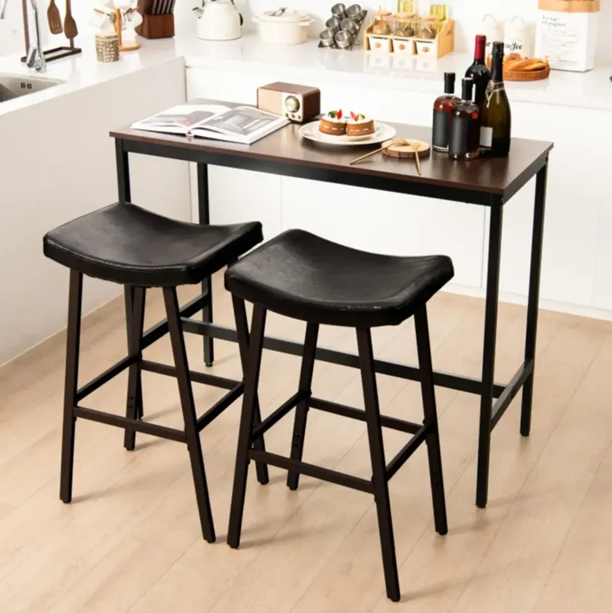 Hivvago Bar Stools Set of 2 with PU Leather Upholstered Saddle Seat and Footrest