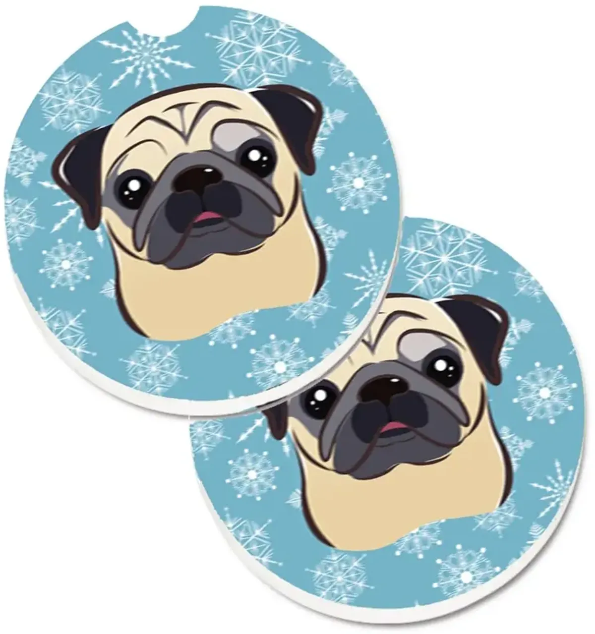 Caroline's Treasures Snowflake Fawn Pug Set of 2 Cup Holder Car Coasters BB1696CARC, 2.56, Multicolor
