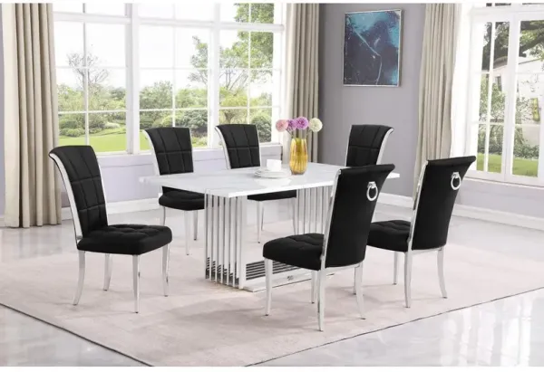 7pc Small(68") marble top dining set with silver base and 6 Black side chairs
