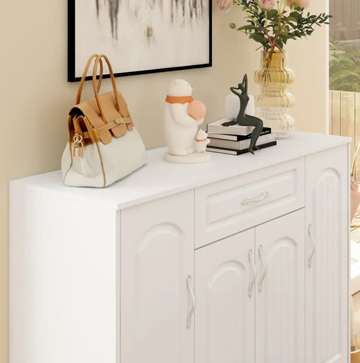 35.4 in. H x 47.3 in. W White Wooden Shoe Storage Cabinet, Console Table with 6 Shelves and 2 Drawer