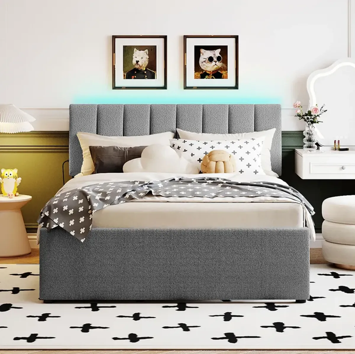 Merax Teddy Fleece Upholstered Platform Bed with Trundle