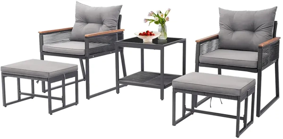 5 Piece Outdoor Rattan Conversation Set with 2-Layer Side Table and 2 Ottomans-Grey