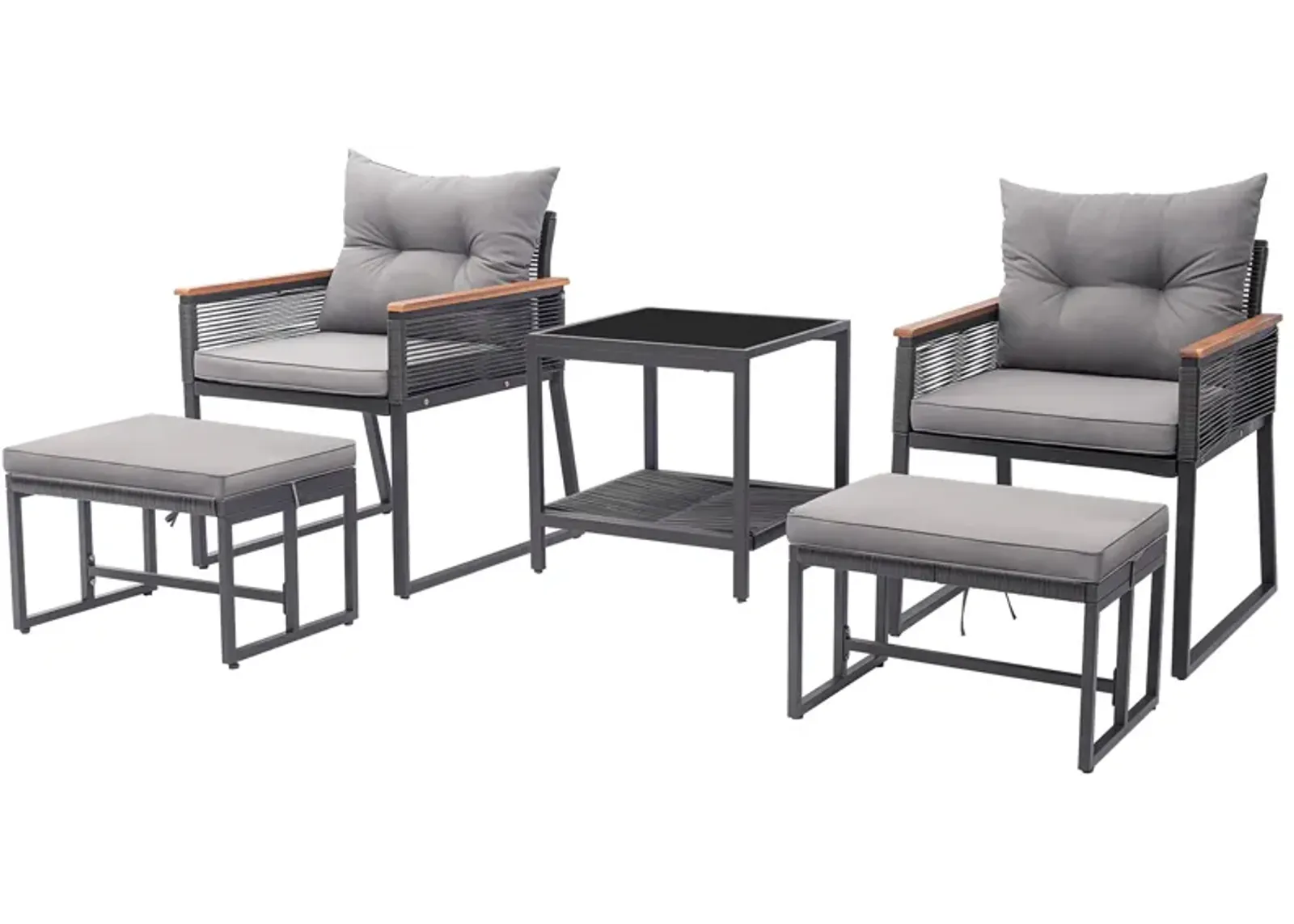 5 Piece Outdoor Rattan Conversation Set with 2-Layer Side Table and 2 Ottomans-Grey