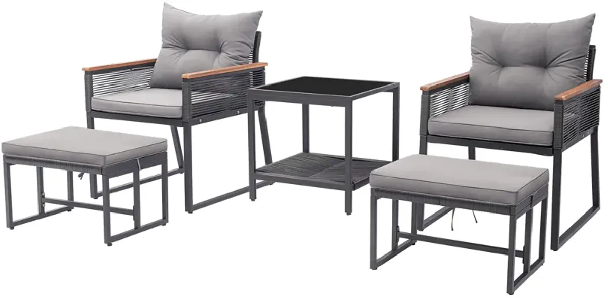 5 Piece Outdoor Rattan Conversation Set with 2-Layer Side Table and 2 Ottomans-Grey