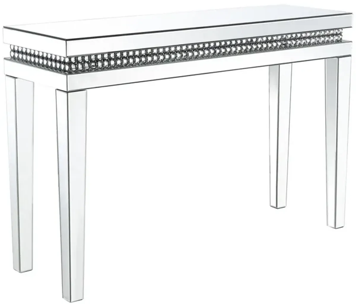 Mirror Inlay Sofa Table with Faux Crystal Accents, Silver - Benzara