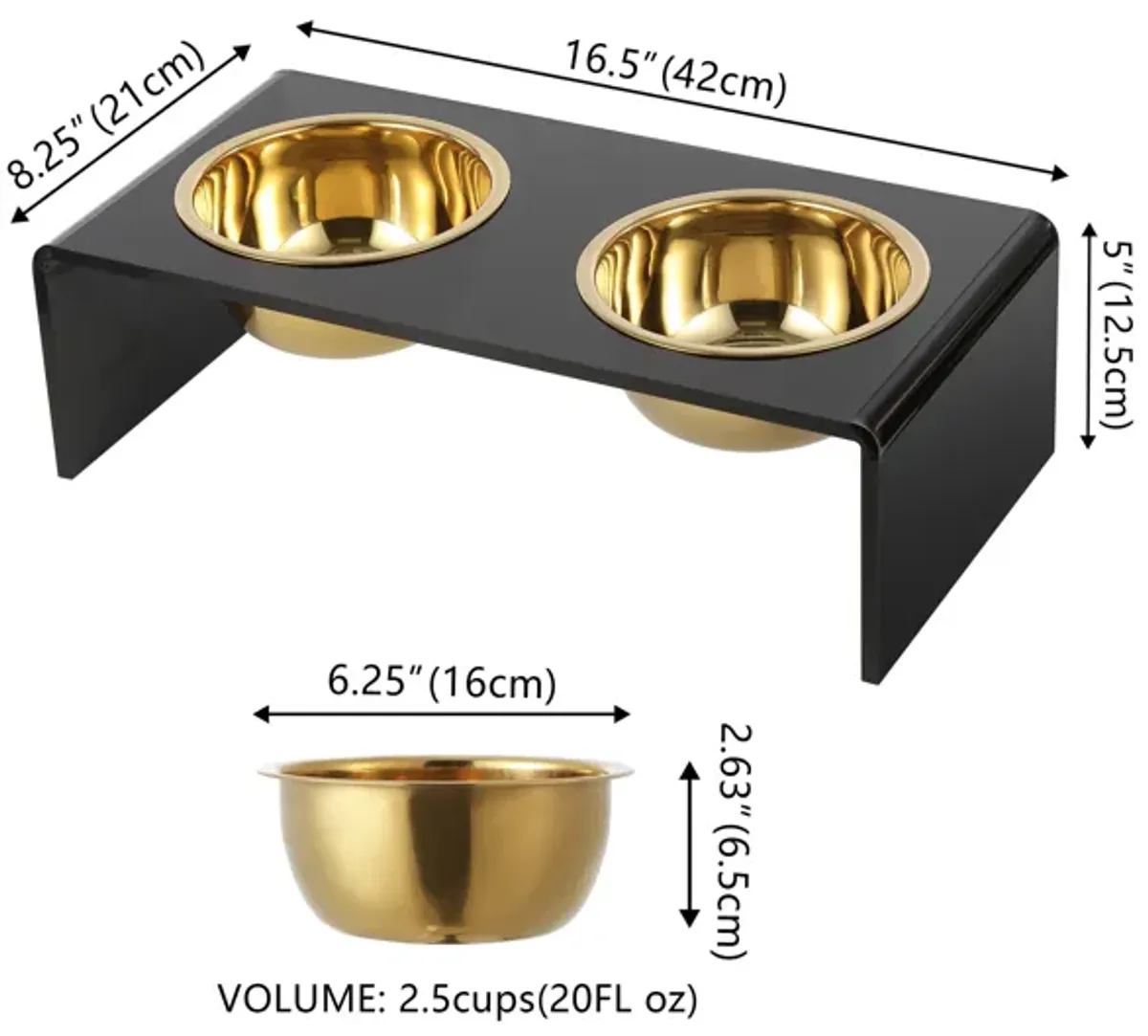 Keaton Medium/Large Modern Lucite Rectangular Elevated Pet Feeder with 2-Stainless Steel Bowls