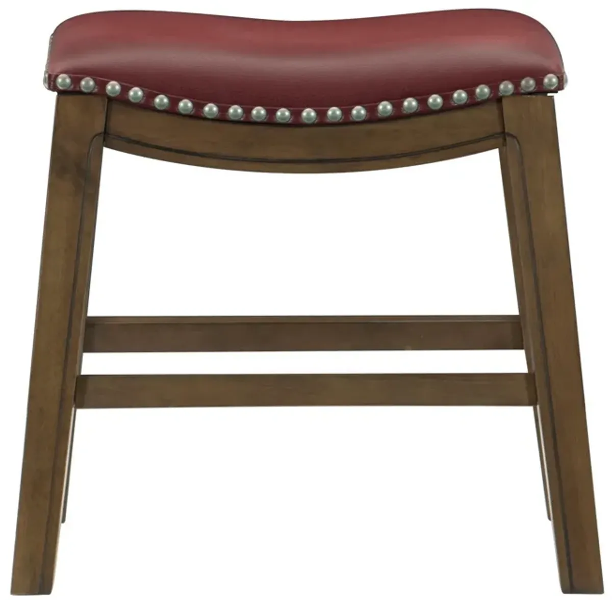 Miel 20 Inch Dining Stool, Red Faux Leather, Brown Solid Wood, Nailheads - Benzara