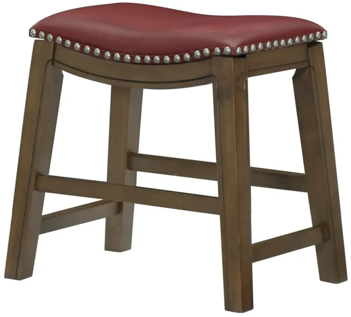 Miel 20 Inch Dining Stool, Red Faux Leather, Brown Solid Wood, Nailheads - Benzara