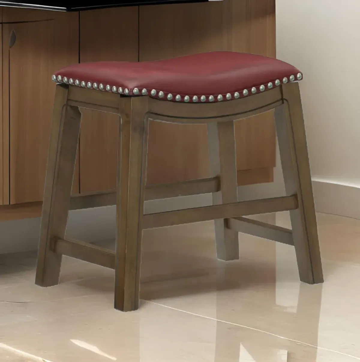 Miel 20 Inch Dining Stool, Red Faux Leather, Brown Solid Wood, Nailheads - Benzara