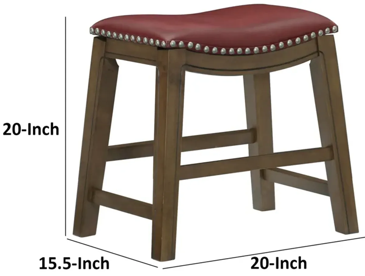 Miel 20 Inch Dining Stool, Red Faux Leather, Brown Solid Wood, Nailheads - Benzara