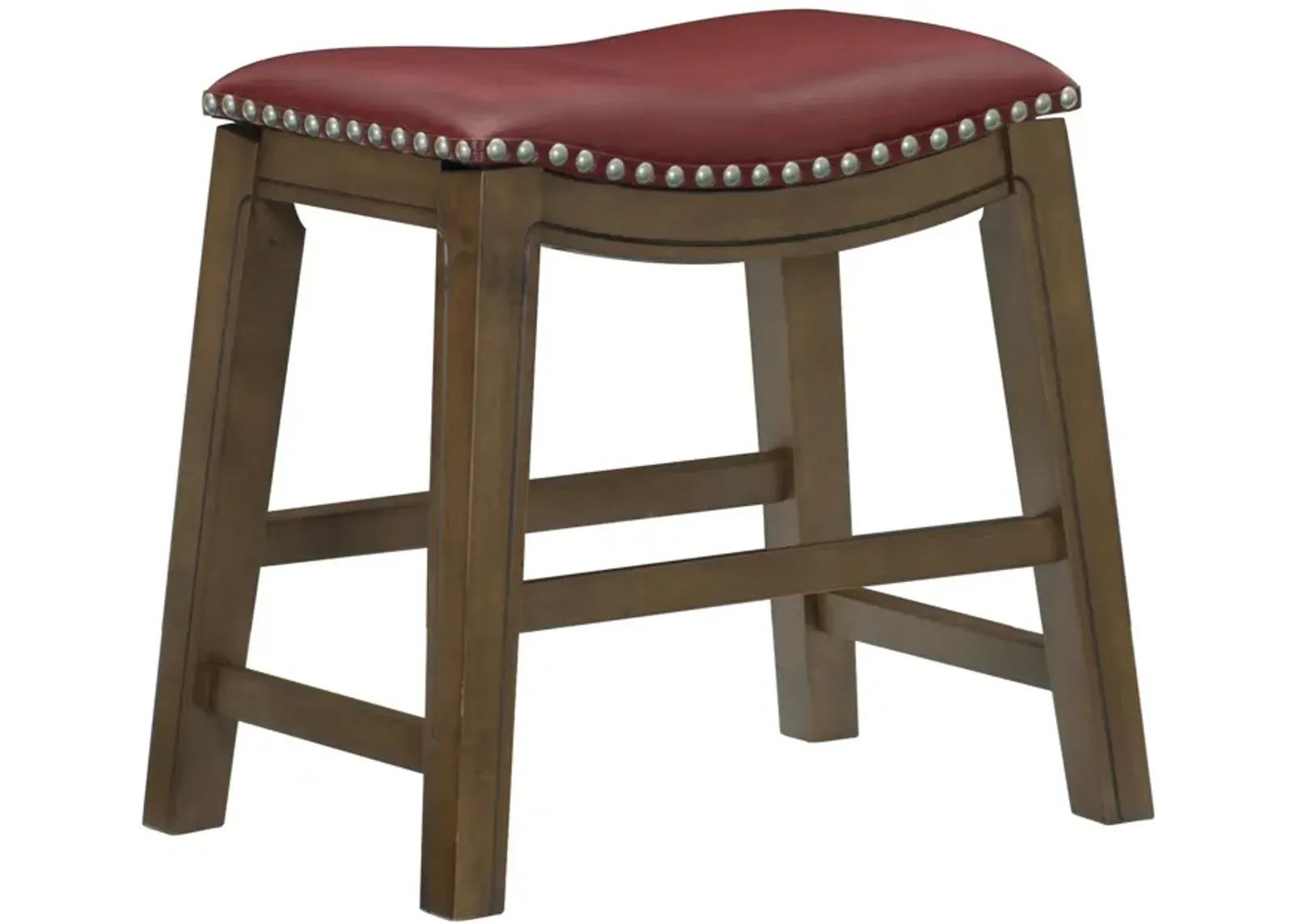 Miel 20 Inch Dining Stool, Red Faux Leather, Brown Solid Wood, Nailheads - Benzara