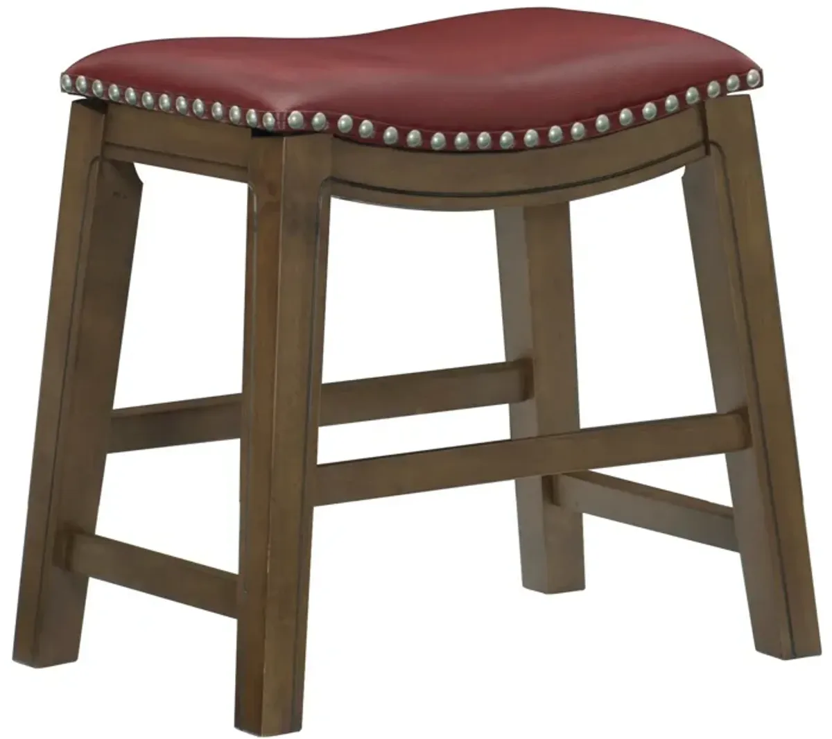 Miel 20 Inch Dining Stool, Red Faux Leather, Brown Solid Wood, Nailheads - Benzara