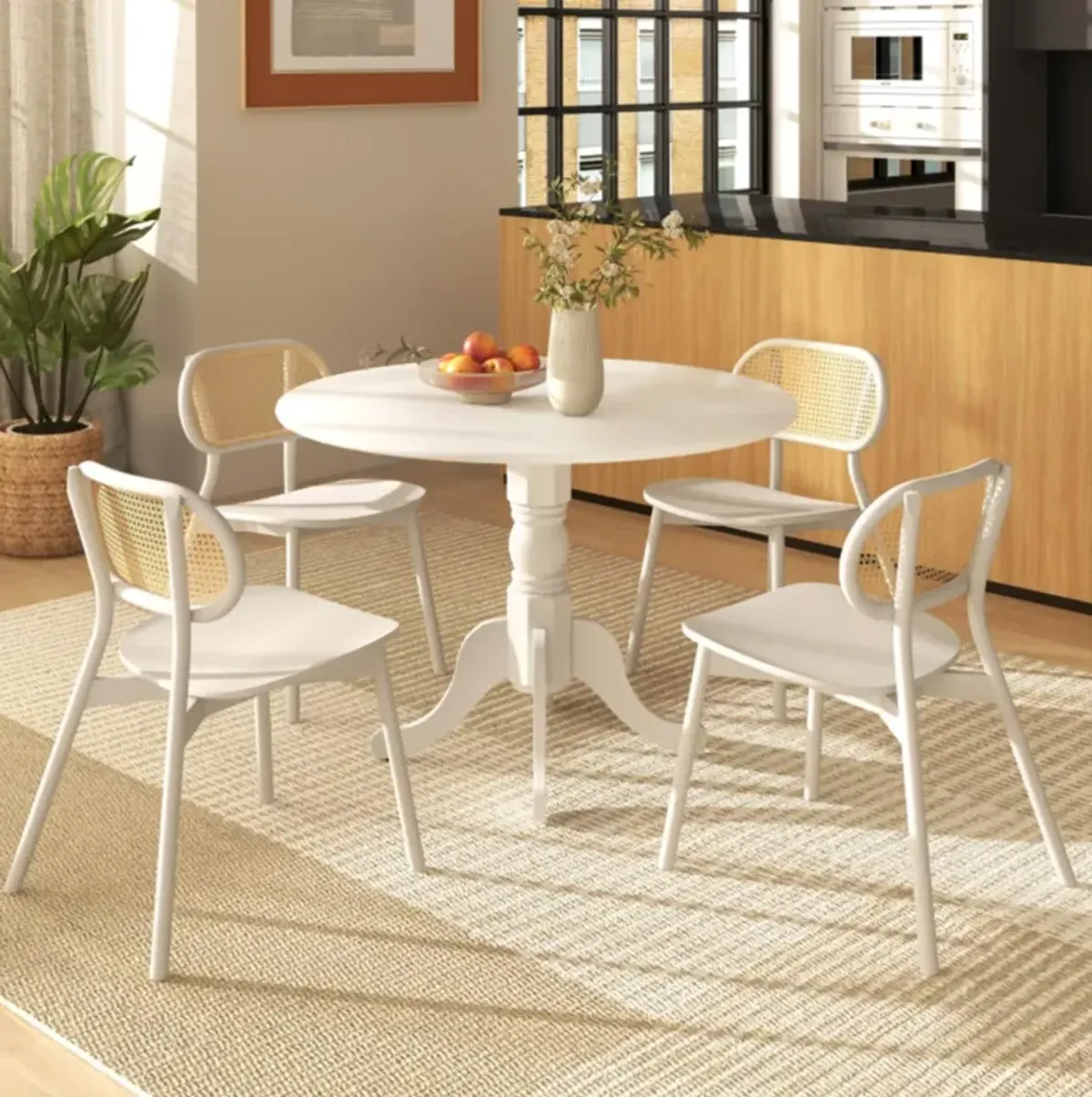 Hivvago Wooden Dining Table with Round Tabletop and Curved Trestle Legs