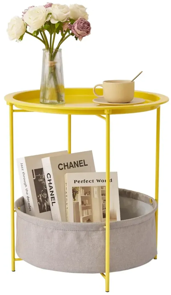 VECELO Round Side/End Table with Fabric Storage Basket