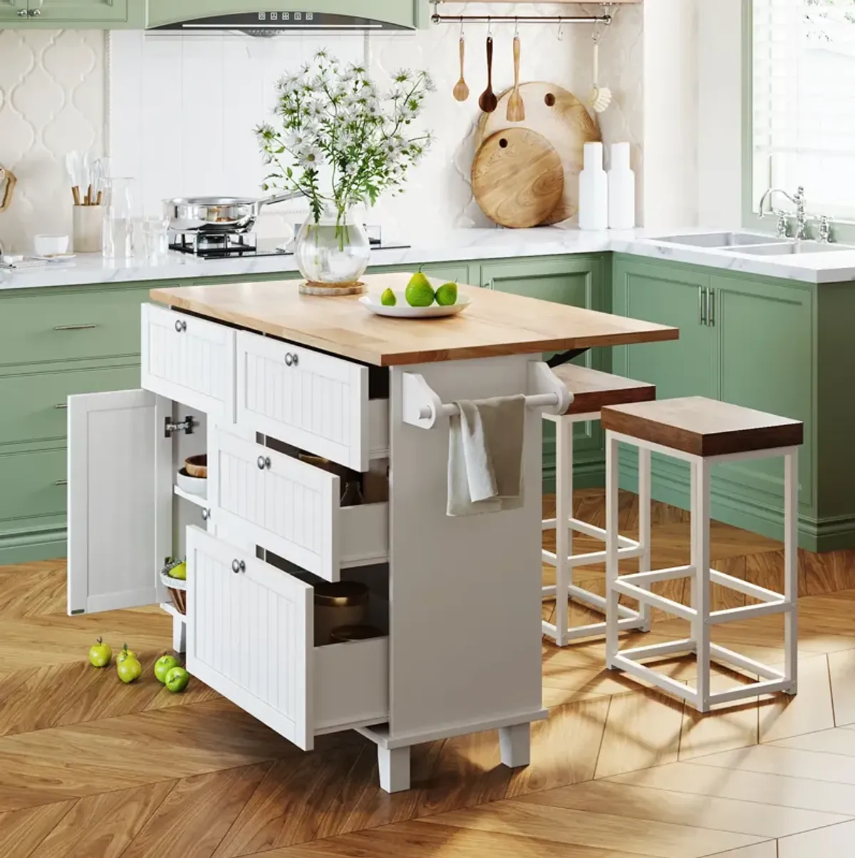 Farmhouse Kitchen Island Set with 2 Stools