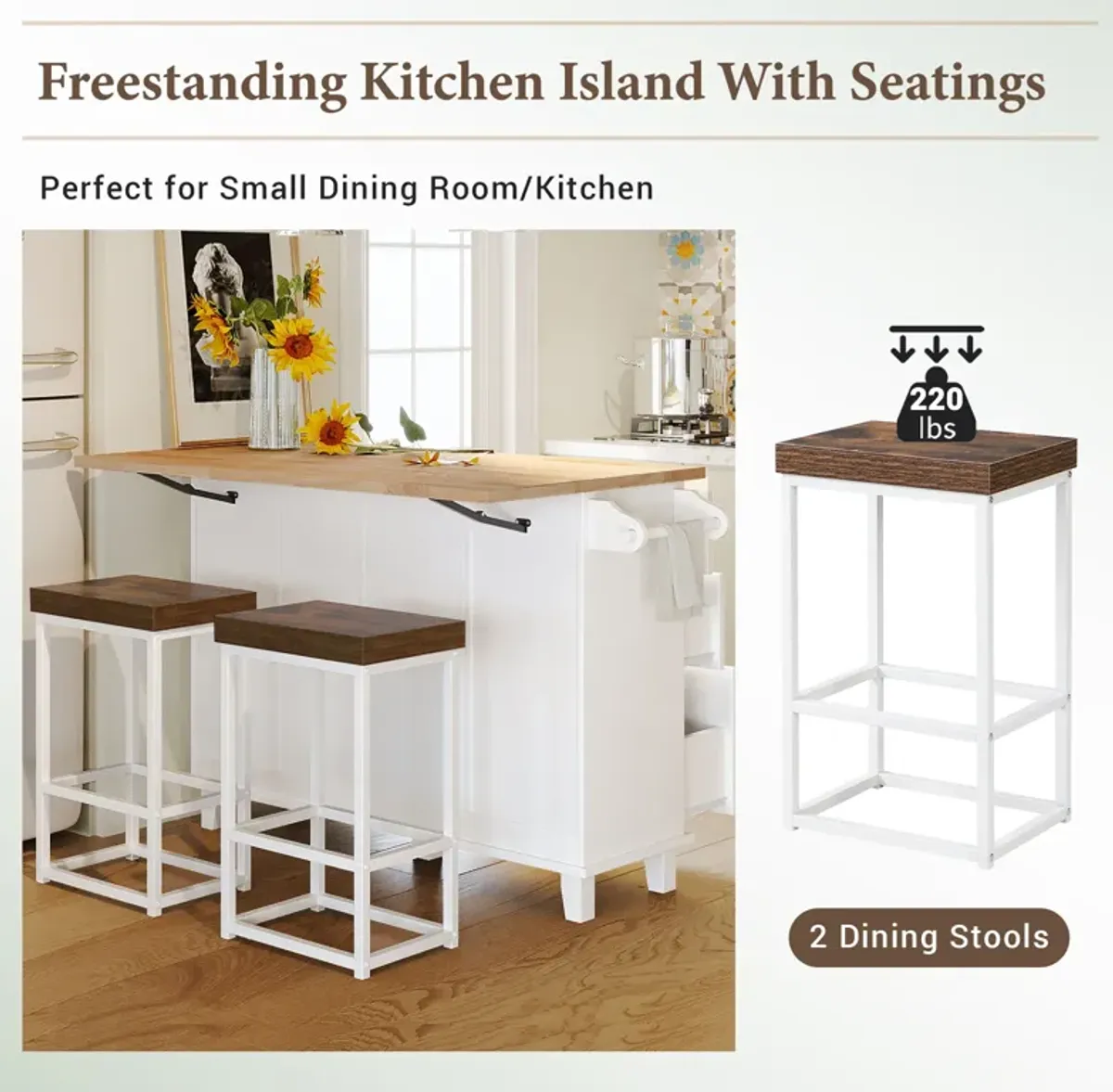 Farmhouse Kitchen Island Set with 2 Stools