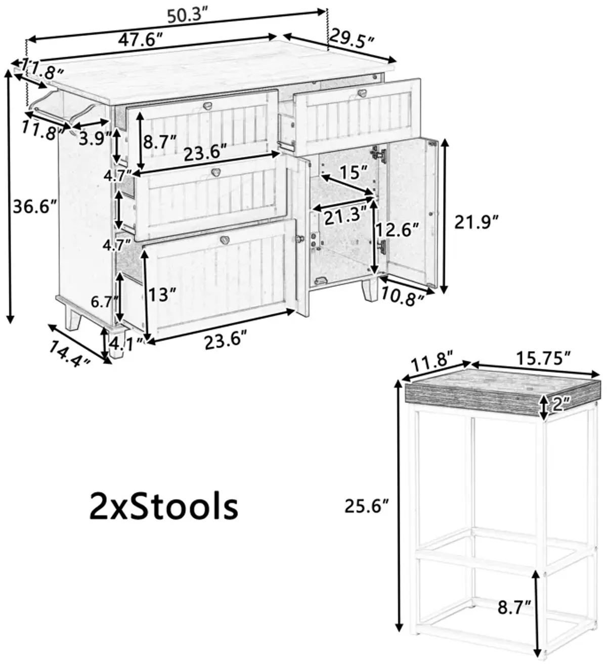 Farmhouse Kitchen Island Set with 2 Stools