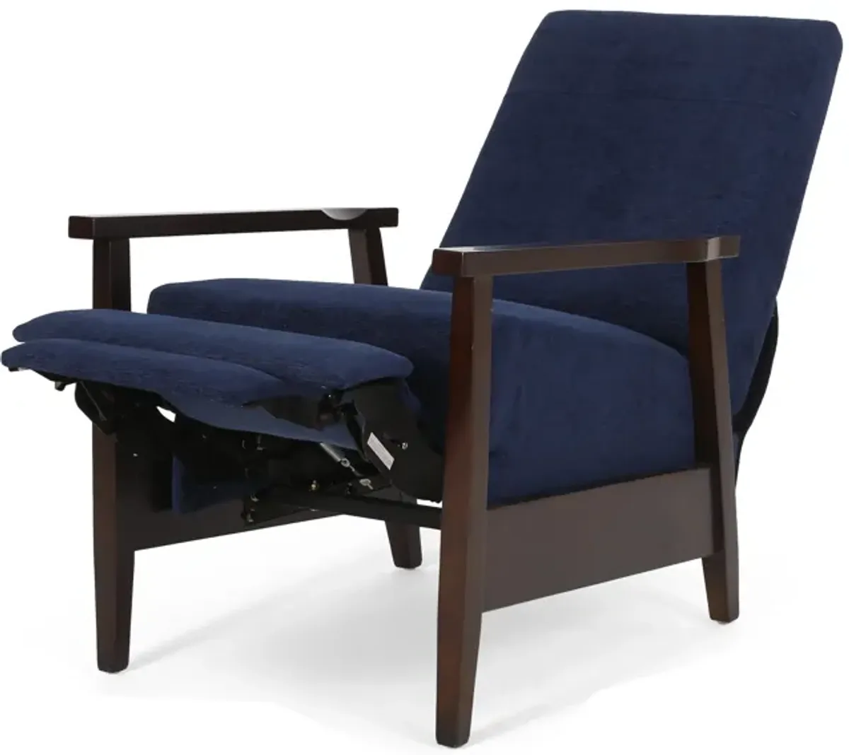 Yahya Manual Recliner Chair, Ergonomic Brown Rubberwood, Navy Blue Fabric - Benzara