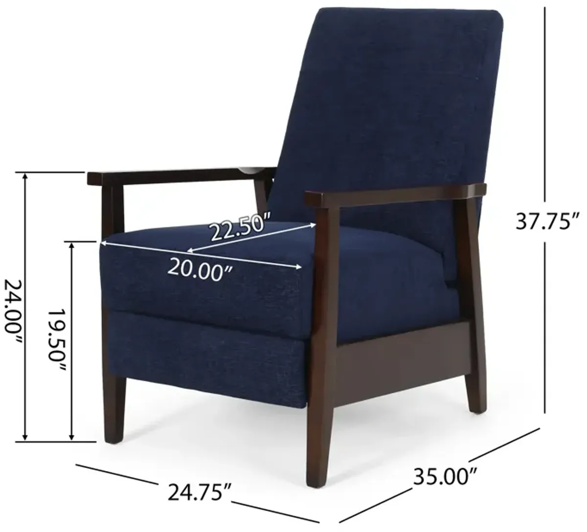 Yahya Manual Recliner Chair, Ergonomic Brown Rubberwood, Navy Blue Fabric - Benzara