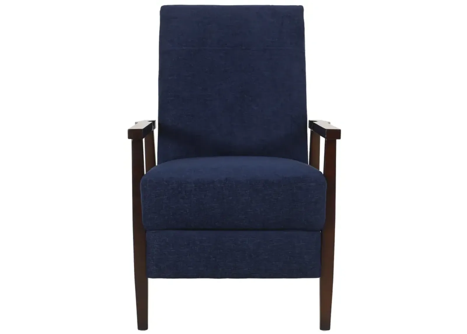 Yahya Manual Recliner Chair, Ergonomic Brown Rubberwood, Navy Blue Fabric - Benzara