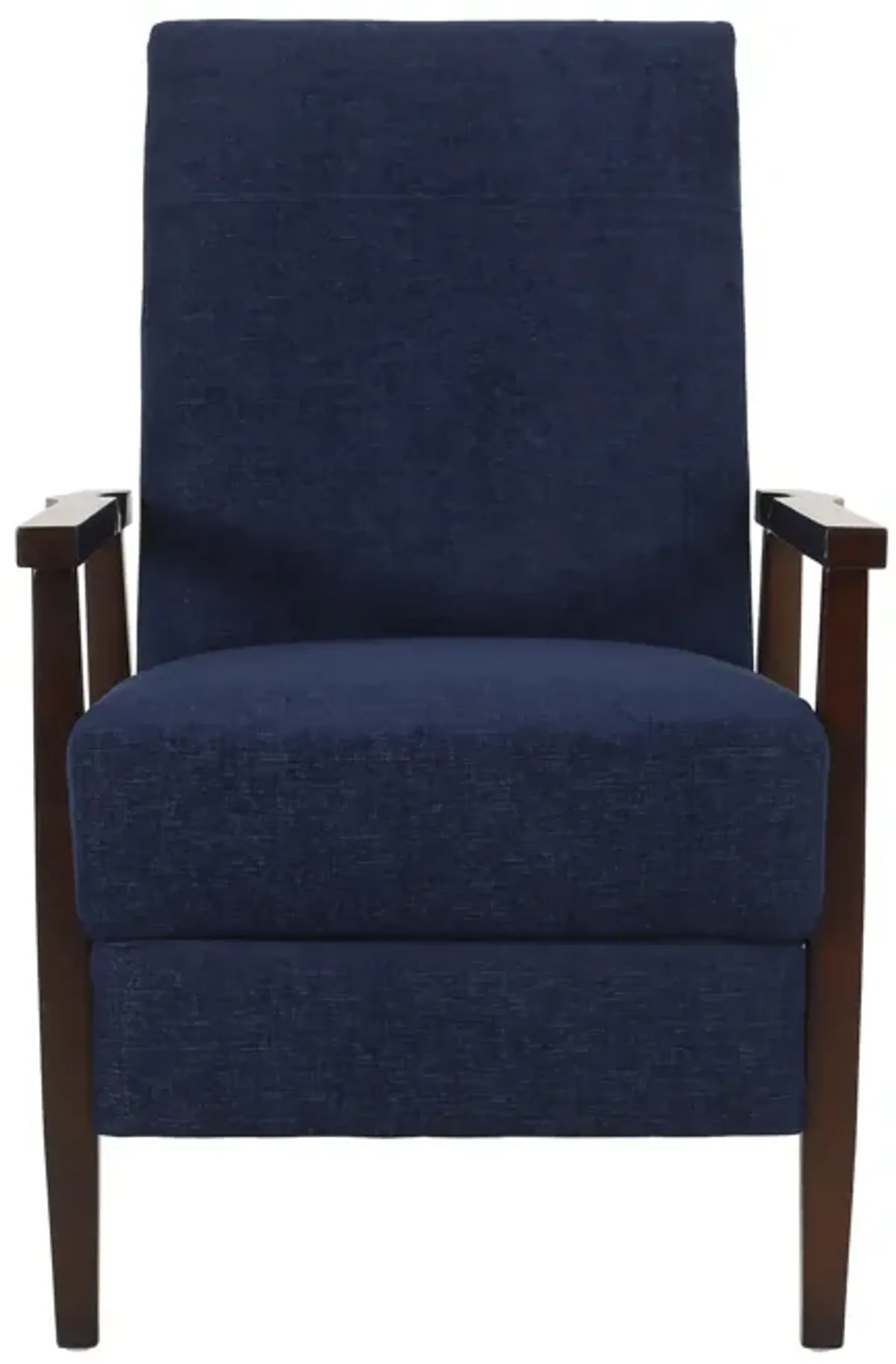 Yahya Manual Recliner Chair, Ergonomic Brown Rubberwood, Navy Blue Fabric - Benzara