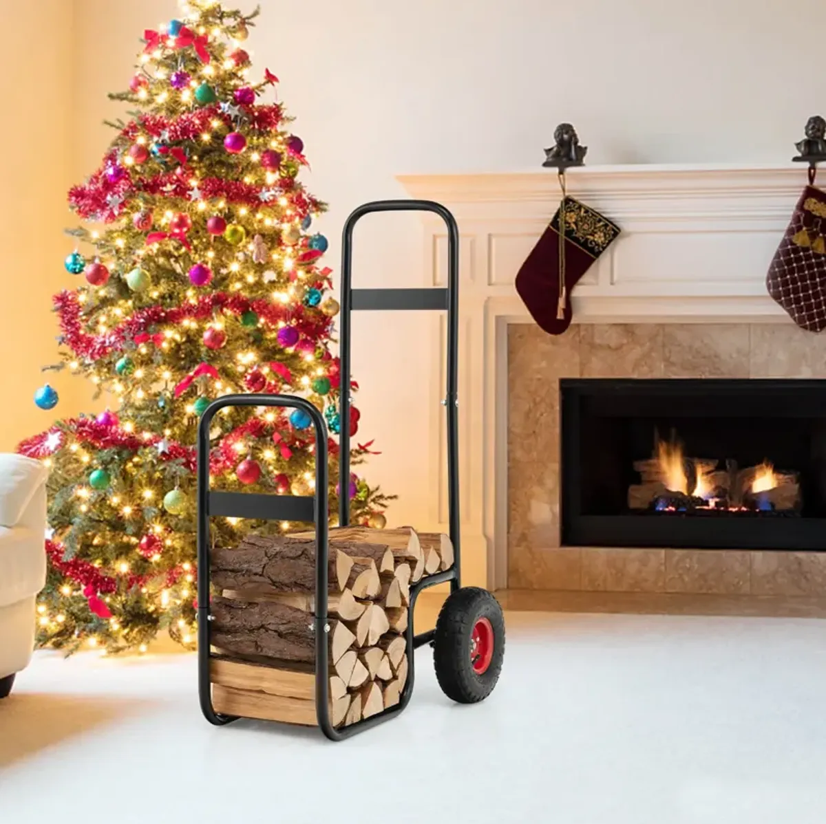 Firewood Log Cart Carrier with Wear-Resistant and Shockproof Rubber Wheels