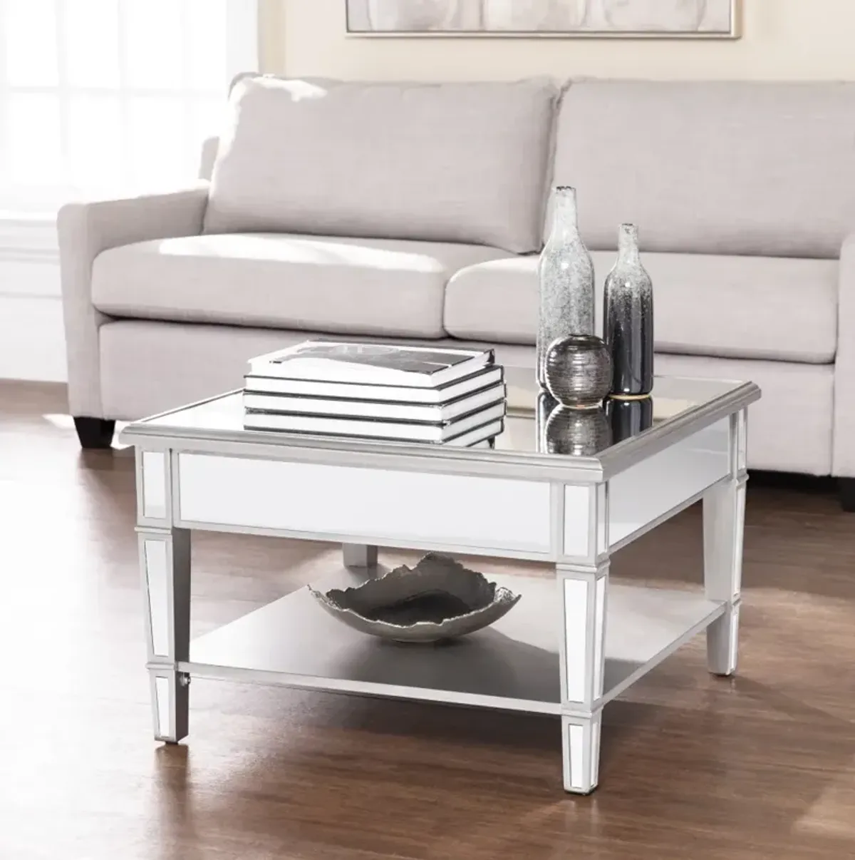 Hivvago 29 Inch  Silver Mirrored Square Coffee Table With Shelf